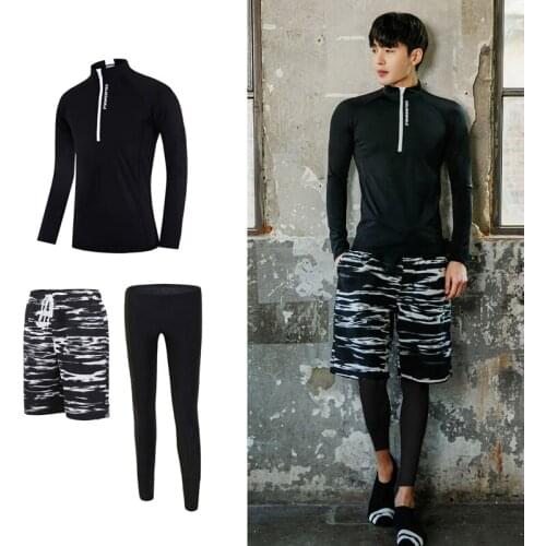 2019 New Korean Mens Two Pieces Swimwear Long-sleeved Trousers Beach Surf Swimsuit Three-pieces Running Quick-Dry Male Swimsuit