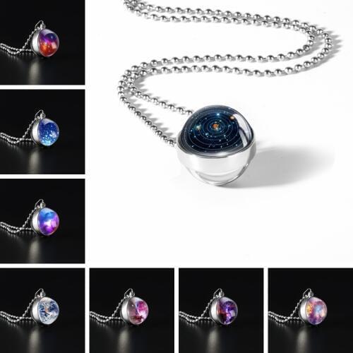 2019 New Fashion Double Sided Galaxy Star Cabochon Glass Pendant Necklaces Jewelry Women Statement Necklaces Handmade Jewelry