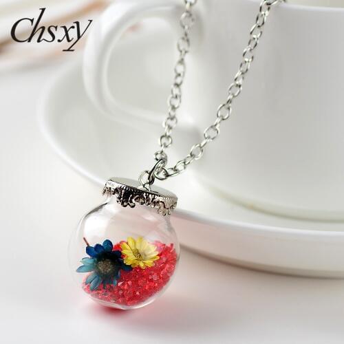 CHSXY Cute Dried Flower Rhinestone Glass Ball Chain Necklace Novelty Honey Jar Pendant Necklace for Women Children Free Shipping