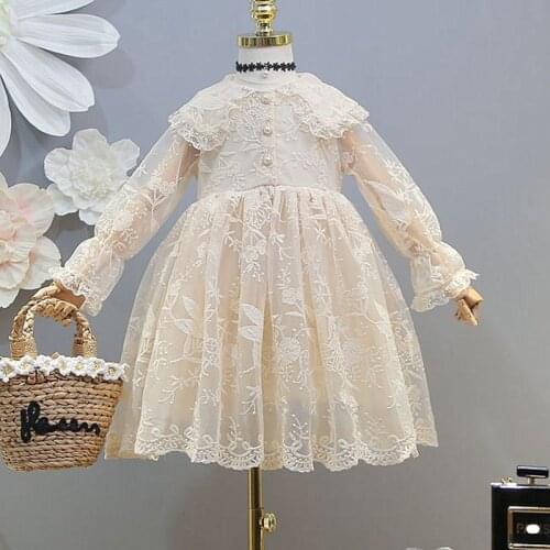 Girls Dresses Fashion Girl Long Sleeve Turn Down Collar Lace Mesh Gauze Princess Dress Kids Wear 3-7Years