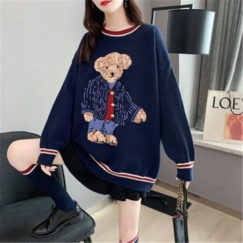 Women Men Couple Style Long Sleeve Contrast Color Pullover Sweater Oversize Cute Kawaii Bear Korean Winter Fall Knitwear Jumpers