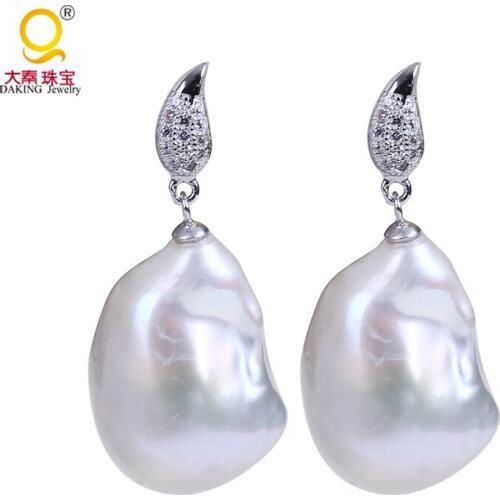 Perfect quality AAA large baroque pearl earrings white reborn freshwater pearl stud earrings 925 sterling silver