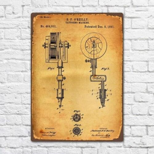 Tattoo Machine 1891 Patent Vintage Retro Metal Tin Sign Metal Sign Wall Decor Fashion Art Decor Poster BIE336
