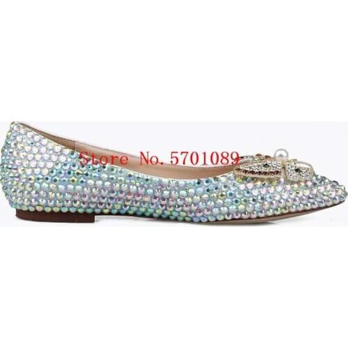 Pointed Toe Bridal Shoes Colorful Rhinestone Flats Crystal Wedding Shoes Princess Slip On Bow-knot New Handmade Flat beads shoes