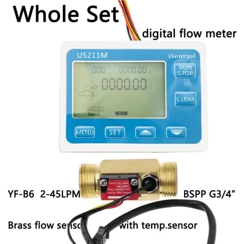US211M Water Flow Meter and YF-B6 Hall Water Flow Sensor Brass G3/4" 2-45L/min DC 24V Turbine Flowmeter with NTC50K Temperature