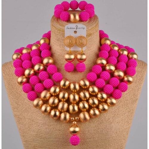 Fuchsia pink simulated pearl african beads jewelry set nigerian necklace FZZ33