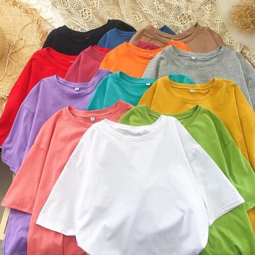 WWENN Summer Women Tees Loose Minimalist Basic Tops Vintage Casual Short Sleeved T Shirt Girls Plus Size Shirts Candy Color