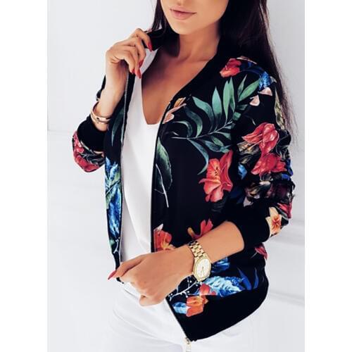 Womens Jacket Floral Printed Long Sleeve O Neck Tops Sweatshirt Spring Slim Womens Coats and Jackets Outwear Zipper Plus Size