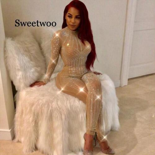 Women Mock Neck Jumpsuit Sequin Rhinestone Diamonds Jumpsuits Long Sleeve Skinny Bodysuits Clubwear Party One Piece Romper White