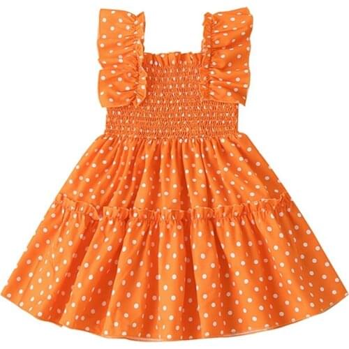 2-6Y Toddler Cute Girls Summer Smocked Dress Cute Sleeveless Dots Print Ruffle A-line Dress