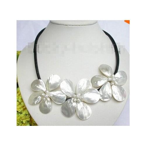 Baroque bloom white pearl seashell choker leather necklace j7458 Factory Wholesale price Women Giftword Jewelry