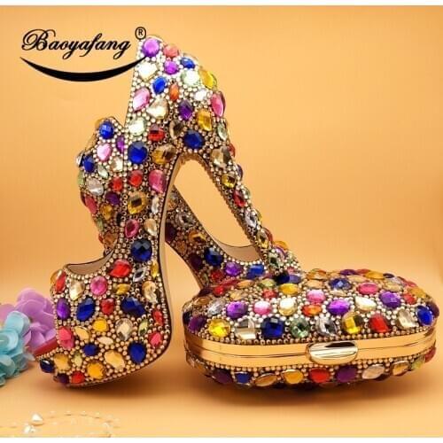 BaoYaFang High Heeled Open Toe Multicolored Crystal wedding shoes Woman High heels Platform shoes and bags set Thin High Pumps
