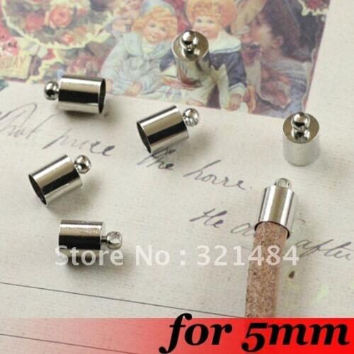 Free ship! For 5mm Leather Cord End Caps Fasteners Clasps 500PCS Platinum Dull Silver Plated Tone Metal Jewelry Crimp Beads