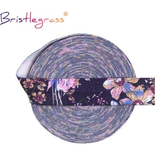 BRISTLEGRASS 2 5 10 Yard 5/8" 15mm Navy Flower Print Foldover Elastic FOE Spandex Satin Band Tape Hair Tie Dress DIY Sewing Trim