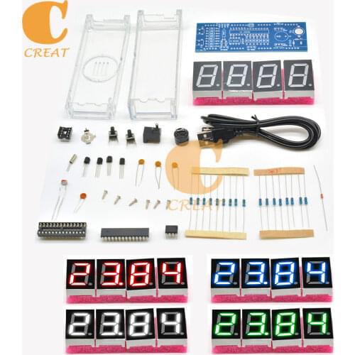 Electronic Clock LED Microcontroller Digital Display Light Control Temperature Thermometer 4-Digit With Transparent Case DIY Kit