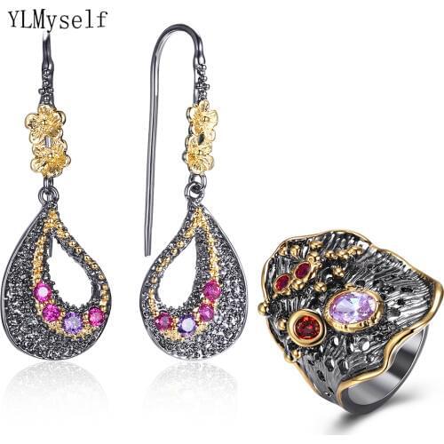 Purple Fuchsia Crystal Earrings Ring Jewellery Set Leaf Dangle Earrings Pretty 2pcs Jewelry Sets for Women Birthday gifts
