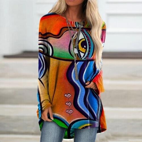Autumn Women Shirt Casual Tops Abstract Face Print T Shirt O Neck Long Sleeve Loose Long T-shirt Elegant Shirt Women Plus Size