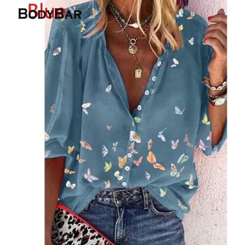 Spring Autumn Long-sleeved Butterfly Print T-shirt Womens Large Size Single-breasted Loose Button Tops 5XL Large Size New Tops
