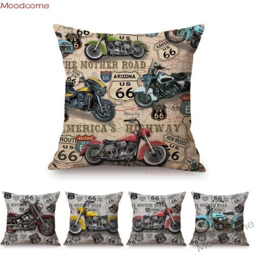 Classic US Route 66 Vintage Motorcycle Poster Art Home Decorative Pillow Cover Retro American Style Cotton Linen Cushion Covers