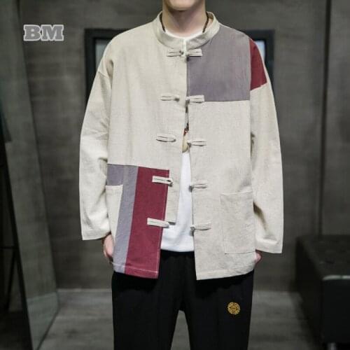 Creative Patch Patchwork Beggar Shirt Chinese Style Retro Zen Clothes Long Sleeves Linen Tang Suit Men Clothing Plus Size Top