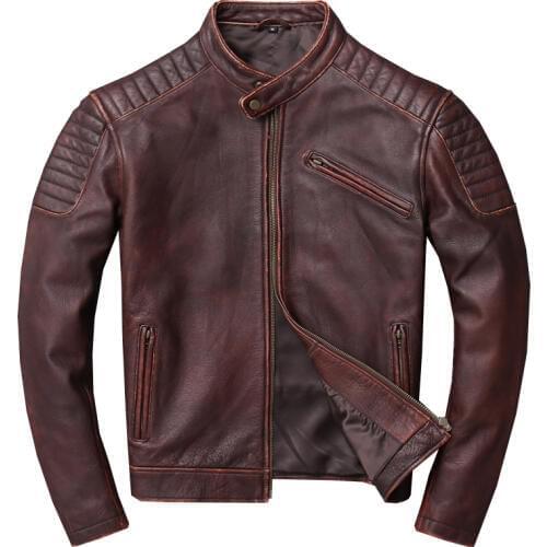 Factory 2019 Men Vintage Red wine Motorcycle Genuine Leather Jacket Real Thick Cowhide Short Leather bomber Biker jackets