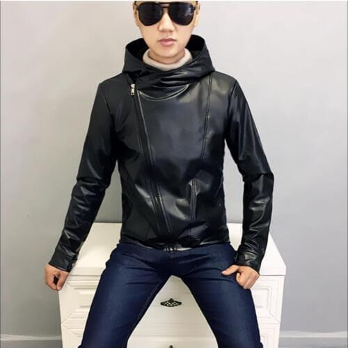 M-4xl Spring And Autumn Men Hooded Leather Jacket Students Tide Slim Young Handsome Oblique Zipper Jacket Coat Plus Size Clothes