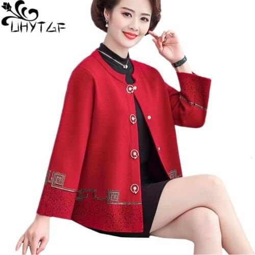 UHYTGF Women spring autumn jacket quality knitted casual short tops elegant mother loose 4XL plus size coat cardigan female 1739