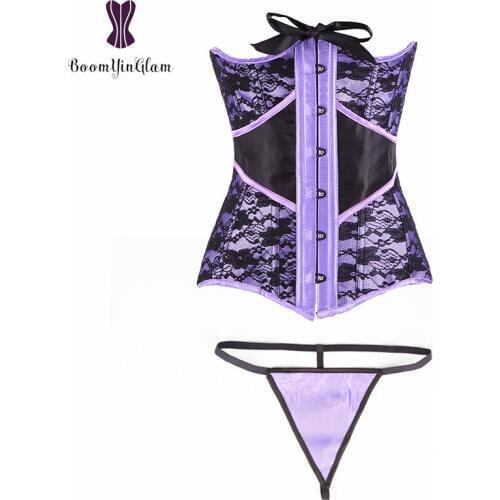 Mateal Busk Closure Waist Cincher Shaper Black Overlay Floral Lace Boned Cupless Bustier Satin Purple Underbust Corset 875