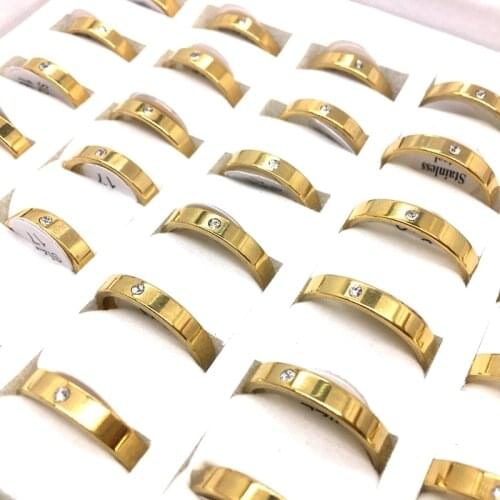 MixMax 36pcs Womens Ring 4MM Rhinestone Gold Plated Stainless Steel Band Rings Wholesale Jewelry Lot