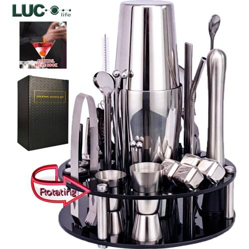Bartender Kit, Cocktail Shaker Set With Rotating Acrylic Holder. Home DIY Suit for Mixed Drinks Martini Bar Tools Perfect Gift
