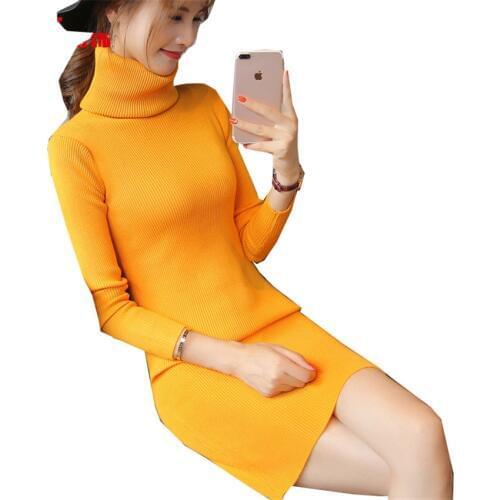 2018 New Autumn Elegant Women Turtleneck Knitted Dress Slim Winter Sweater Dresses lady Midi Long Bodycon Dress Bottomings WZ454