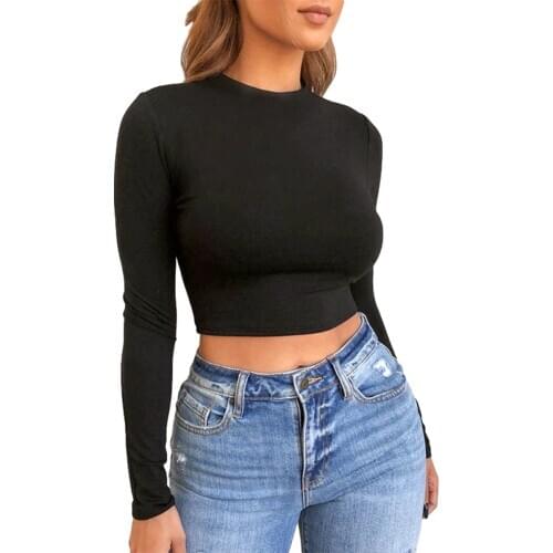 New Fashion Women Ladies Casual Long Sleeve T-shirt Female Skinny Crop Tops Black Gray White Khaki
