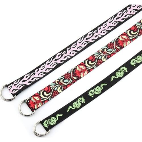 Unisex hip-hop Punk double ring buckle belt Fashion printed long canvas waist Strap jeans trouser Waistband decoration Accessory