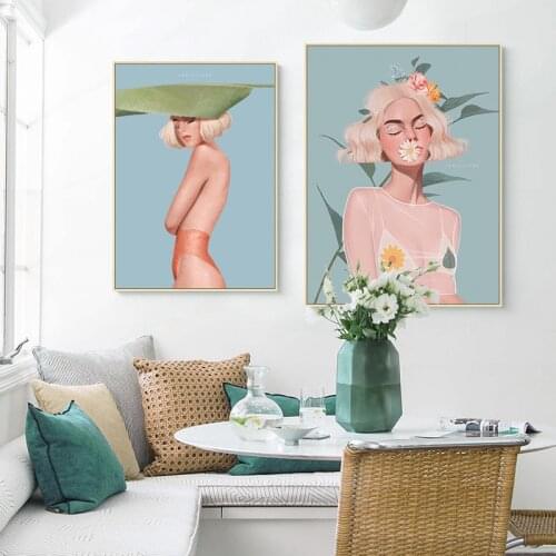 Nordic Sexy Beautiful Woman Flower Wall Art Light Blue Poster Canvas Painting Decor Modern Print Home Decoration Pictuers