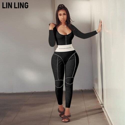 LINLING Leisure Exercise Slim Fit Hip Lifting Embroidery Waist Closing Sports Solid Tight Long Sleeve Jumpsuit