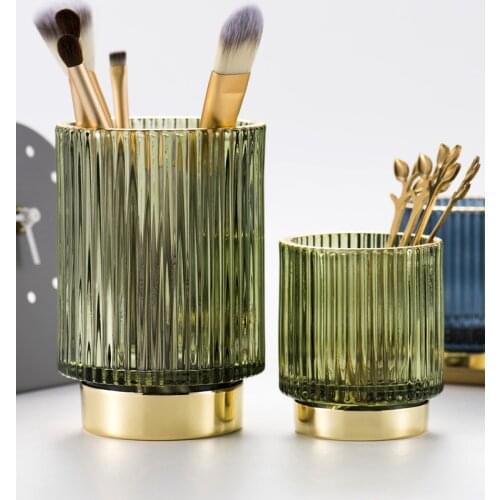Retro Dark Green Gilt Glass Pen Holder Makeup Brush Storage Tube Flower Arrangement Vase Desktop Decoration