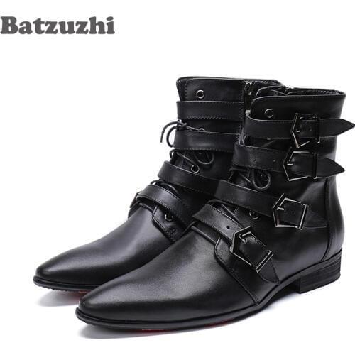 Korean Fashion Pointed Toe Winter Men Boots Black Genuine Leather Short Boots Man Motorcycle Military botas hombre Safety