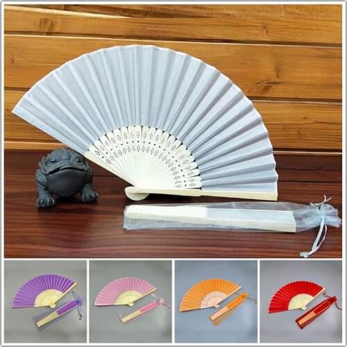 14 Colors Summer Vintage Bamboo Folding Hand Fan with Organza Bags Dance Party Pocket Gifts Wedding Souvenir Gift drawstring Bag