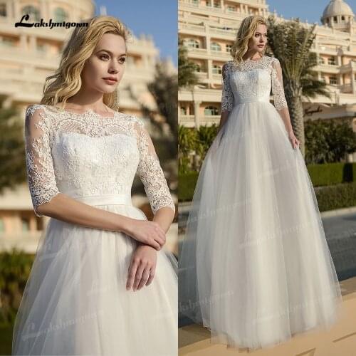 Gorgeous Beach Lace Bridal Wedding Dresses with Half Sleeves Princess White Wedding Gowns for Bride Backless 2021 robe de mariee
