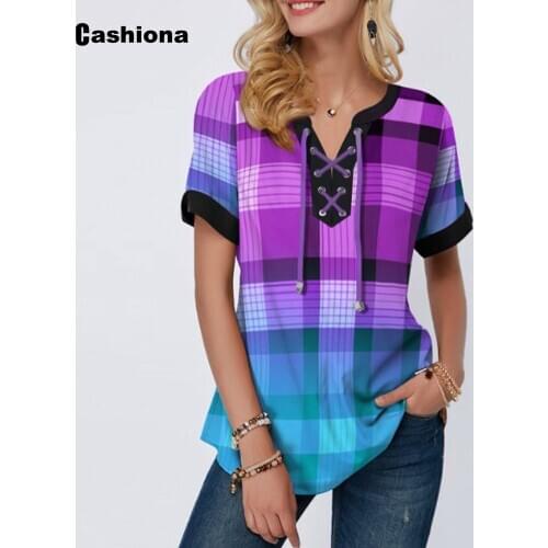 Plus size 4xl 5xl Women New Bohemian Plaid T shirt Drawstring 3D Print Womens Top Vintage 2020 Summer Loose Tees shirt Femme