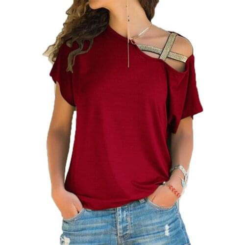 Women Summer Short Sleeve Strappy Cold Shoulder T-Shirt Tops t shirt Women Short O-neck Top Tees Feminina Camiseta NS8950