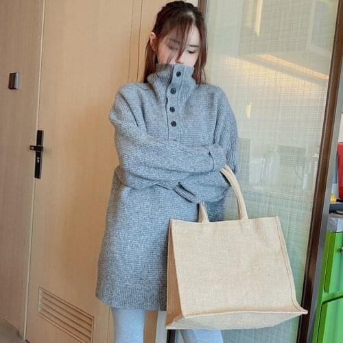 Womens Turtleneck Knitwear 2020 Autumn Winter New Korean Plus Size Solid Button Pullover Lady Elegant Sweaters Jumper 2XL B013