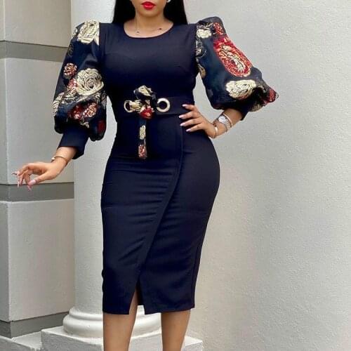 Women Elegant Bodycon Dresses O Neck Three Quater Sleeves High Waist Office Ladies Work Wear Package Hip African Fashion Spring