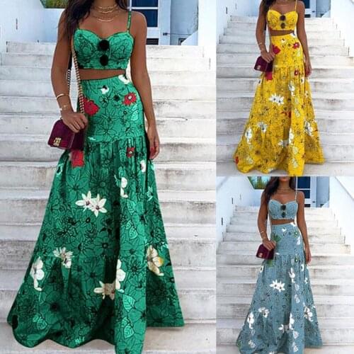 Women Summer Beach Dress Suit 2021 New Fashion Strapless Tops+High Waist Long Floral Skirt Two Piece Set Casual Streetwear