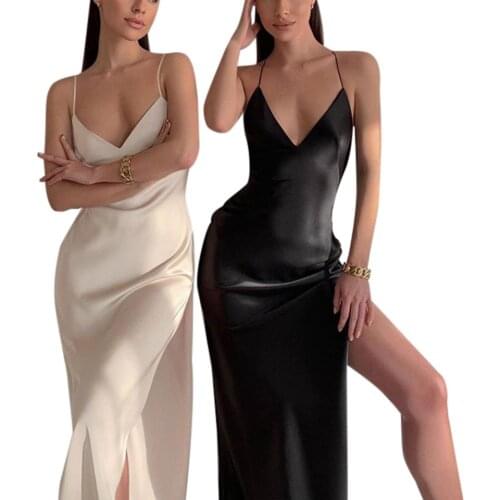 Women Summer Sexy Camisole Dress with Side Split Sexy Deep V-neck Backless Design Summer Clothing