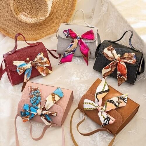 2020 hot sale fashion solid color bowknot pattern silk chain casual scarf lady messenger bag shoulder messenger bag handbag
