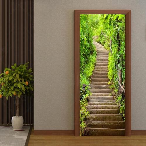 3D Wall Door Sticker Green Forest Path Stone Stairs Landscape Wallpaper Living Room Study Creative DIY Self-Adhesive Door Poster