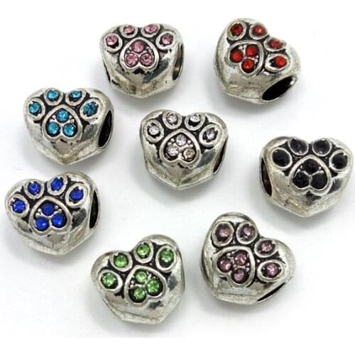 Free Shipping 50pcs 11mm mix color rhinestone antique silver plated alloy heart beads fit European bracelet charms DIY