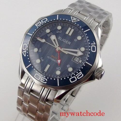 BLIGER 41mm Mechanical Automatic Mens Watch Sapphire Glass Auto Date GMT Function Mental Strap