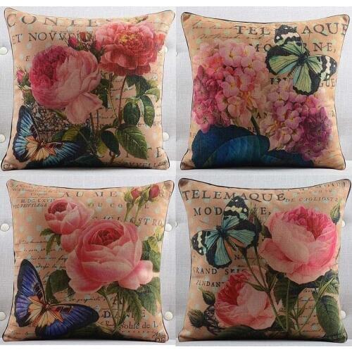 Decorative Sofa Pillowcase American Rural Retro Style Flowers Floral Rose Post Card Cushion Cover Linen Cotton Pillow Covers